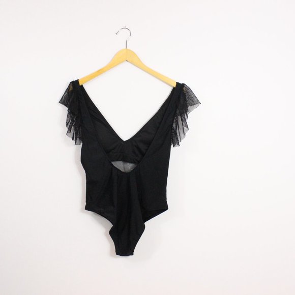 *Shein Black Contrast Mesh Ruffle One Piece Swimsuit - Picture 11 of 12